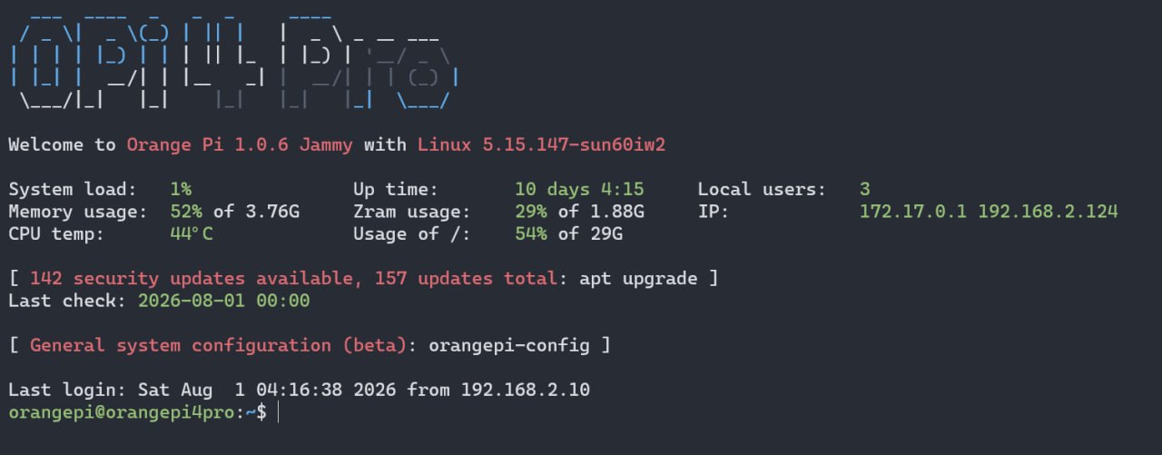 Orange Pi terminal login banner showing system status and IP addresses